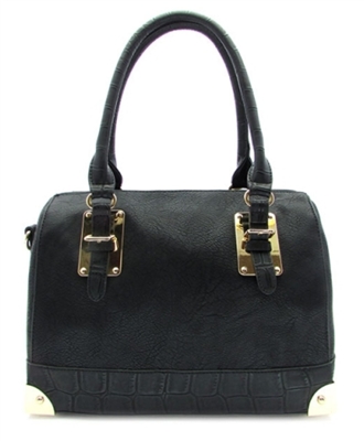 Black satchel handbag with animal print trim