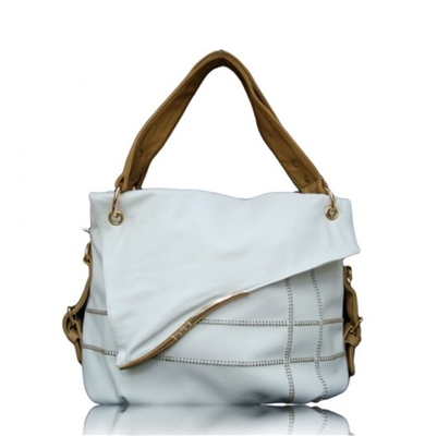 White and tan tote handbag with gold tone trim