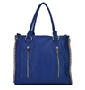 Blue tote handbag with chain trim and longer strap included