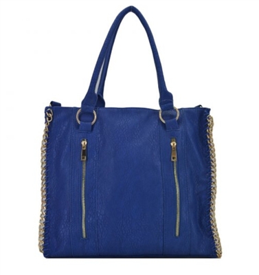 Blue tote handbag with chain trim and longer strap included