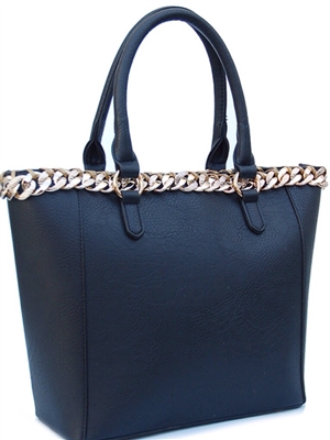 Black tote handbag with chain trim  and adjustable strap