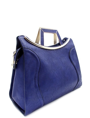 Blue tote handbag with gold tone trim and removable strap included