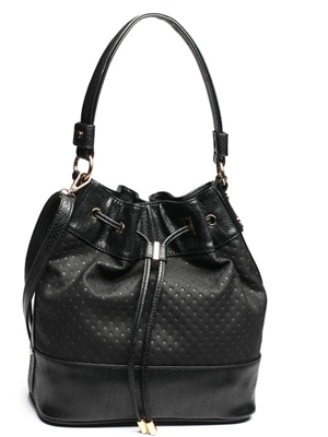 Black bucket handbag with animal print, gold tone hardware and drawstring