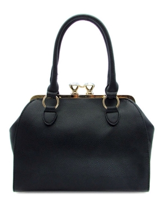 Black satchel handbag with diamond like closure