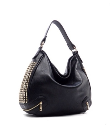 Black hobo handbag with gold tone studs/rhinestones and functional zip front pockets