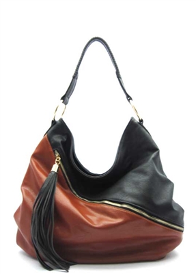 Black and brown hobo handbag with tassel