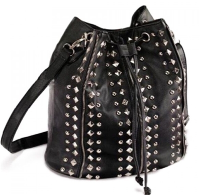 Bucket handbag with rivet chain design