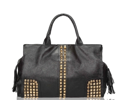 Black tote handbag with studs and tassels